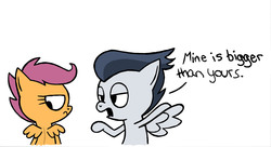 Size: 1280x694 | Tagged: safe, artist:cross, rumble, scootaloo, g4, annoyed, colored, colt, comic, dialogue, female, filly, foal, frown, grammar error, looking back, male, pointing, scootaloo is not amused, ship:rumbloo, shipping, simple background, size comparison, size difference, spread wings, straight