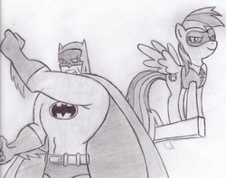 Size: 586x462 | Tagged: safe, artist:mangameister, rainbow dash, g4, batman, batman and robin, batman: the brave and the bold, crossover, dc comics, monochrome, robin