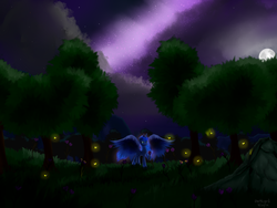 Size: 1024x768 | Tagged: safe, artist:darkcord, princess luna, firefly (insect), g4, female, flower, moon, night, scenery, sky, solo, spread wings, stars, tree
