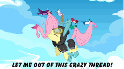 Size: 480x270 | Tagged: safe, edit, edited screencap, screencap, fluttershy, bird, blue jay, pegasus, pony, songbird, g4, magic duel, abandon thread, animated, bunny ears, caption, carrying, clothes, cute, dangerous mission outfit, female, flying, galloping, hoodie, house finch, image macro, mare, reaction image, running, running in place, solo, thread