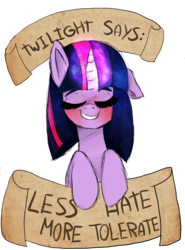 Size: 1020x1380 | Tagged: dead source, safe, artist:misspolycysticovary, twilight sparkle, pony, g4, blushing, cute, eyes closed, female, floppy ears, grammar error, grin, leaning, magic, mouthpiece, old banner, positive ponies, smiling, solo