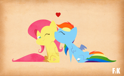 Size: 2527x1556 | Tagged: safe, artist:fluttershythekind, fluttershy, rainbow dash, g4, female, heart, kissing, lesbian, ship:flutterdash, shipping