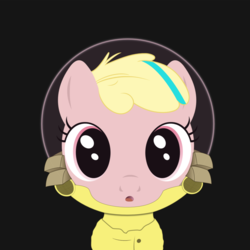 Size: 894x894 | Tagged: safe, artist:pixiepea, oc, oc only, oc:puppysmiles, earth pony, pony, fallout equestria, fallout equestria: pink eyes, :o, black background, fanfic, fanfic art, female, filly, hazmat suit, looking at you, open mouth, simple background, solo