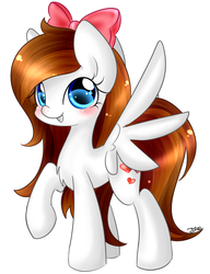 Size: 1510x1969 | Tagged: safe, artist:mrsremi, oc, oc only, oc:akira, pegasus, pony, blushing, bow, chest fluff, female, hair bow, looking at you, mare, raised hoof, simple background, smiling, solo, spread wings, starry eyes, underhoof, white background, wingding eyes, wings