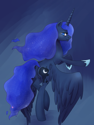 Size: 800x1066 | Tagged: safe, artist:zilvtree, princess luna, g4, balancing, bedroom eyes, butt, female, looking at you, looking back, moonbutt, plot, raised leg, rearing, smiling, solo, spread wings