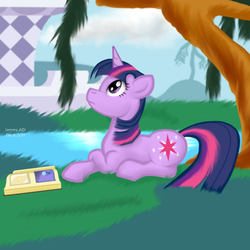 Size: 1983x1980 | Tagged: safe, artist:iomma, twilight sparkle, pony, unicorn, friendship is magic, g4, book, female, solo, tree, water