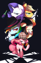 Size: 1229x1900 | Tagged: safe, artist:maren, applejack, fluttershy, pinkie pie, rarity, g4, mmmystery on the friendship express, action poster, bottle, bowtie, bubble pipe, crying, deerstalker, detective, fedora, fluttercry, hat, pipe, sherlock holmes, sherlock pie, tissue