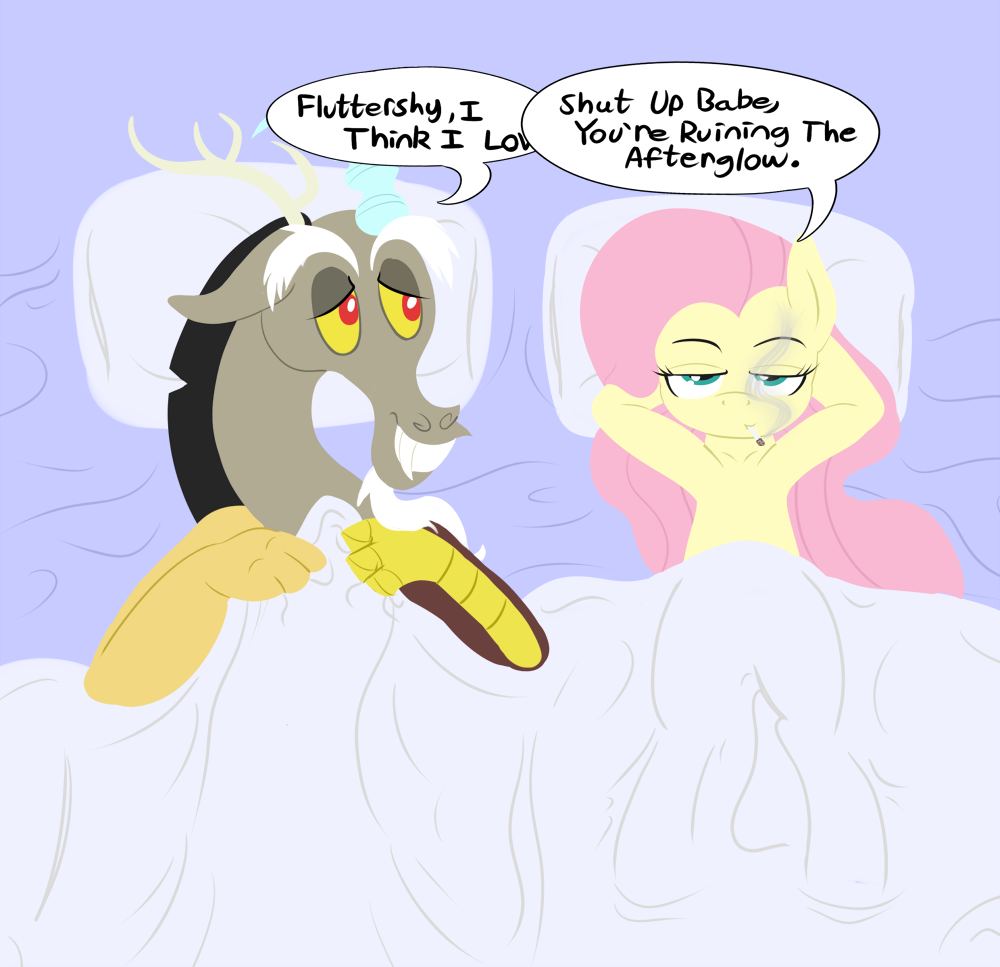 635890 - suggestive, artist:midnight-wizard, discord, fluttershy, g4,  afterglow, aftersex, bed, bedroom eyes, cigarette, female, floppy ears,  grin, irony, male, out of character, pillow talk, ship:discoshy, shipping,  smiling, smoking, straight ...