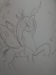 Size: 774x1032 | Tagged: dead source, safe, artist:kevinshell12, queen chrysalis, g4, female, monochrome, moon, solo