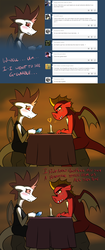 Size: 1255x2994 | Tagged: safe, artist:dmann892, fizzle, garble, dragon, ask closet fizzle, g4, ask, blushing, candle, clothes, comic, date, dialogue, dress, fire, fire breath, fizzelle, gem, heart, plate, rule 63, ship:garbizzle, sitting, table, tablecloth, teenaged dragon, tumblr