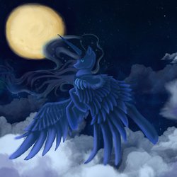 Size: 894x894 | Tagged: safe, artist:thecraftywhitefox, princess luna, g4, cloud, cloudy, female, flying, moon, night, solo