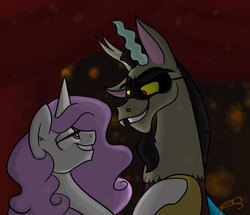 Size: 1000x860 | Tagged: safe, artist:riquis101, discord, princess celestia, g4, bedroom eyes, female, lidded eyes, love, male, mask, phantom of the opera, romance, romantic, seductive, seductive look, ship:dislestia, shipping, smirk, straight