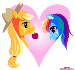 Size: 926x862 | Tagged: safe, artist:relaxn, applejack, rainbow dash, g4, apple, female, heart, lesbian, ship:appledash, shipping