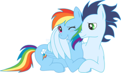 Size: 779x470 | Tagged: safe, artist:arastane-siryphia, rainbow dash, soarin', g4, blushing, female, hug, lying, male, nuzzling, ship:soarindash, shipping, smiling, straight, winghug, wink