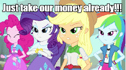 Size: 576x324 | Tagged: safe, edit, edited screencap, screencap, applejack, pinkie pie, rainbow dash, rarity, a case for the bass, equestria girls, g4, my little pony equestria girls: rainbow rocks, animated, caption, female, image macro, money, reaction image, shut up and take my money, text