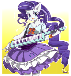 Size: 1200x1295 | Tagged: safe, artist:m@k, rarity, equestria girls, g4, my little pony equestria girls: rainbow rocks, blushing, bow, clothes, dress, female, keytar, looking at you, musical instrument, pixiv, ponied up, pony ears, smiling, solo