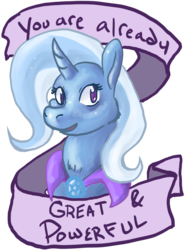 Size: 665x900 | Tagged: safe, artist:asofterbucky, trixie, pony, unicorn, g4, female, looking at you, mare, mouthpiece, old banner, positive ponies, smiling, solo