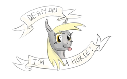 Size: 700x437 | Tagged: safe, artist:archonix, derpy hooves, horse, pegasus, pony, g4, :p, captain obvious, cute, female, mare, mouthpiece, old banner, parody, smiling, solo, tongue out