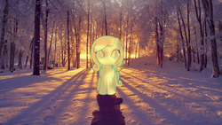 Size: 1600x900 | Tagged: safe, artist:gohomelimyourdrunk, artist:lilylupony, oc, oc only, oc:snowdrop, base used, female, filly, forest, irl, looking at you, photo, ponies in real life, shadow, snow, solo, sunset, winter