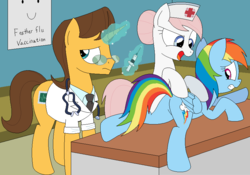 Size: 850x595 | Tagged: safe, artist:hyolark, doctor horse, doctor stable, nurse redheart, rainbow dash, earth pony, pegasus, pony, unicorn, g4, annoyed, butt, clothes, feather flu, featureless crotch, female, frown, gritted teeth, imminent pain, injection, levitation, magic, male, mare, needle, open mouth, plot, prone, rainbutt dash, raised eyebrow, scared, stallion, syringe, telekinesis, trypanophobia, vaccination