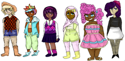 Size: 824x404 | Tagged: safe, artist:spiritrash, applejack, fluttershy, pinkie pie, rainbow dash, rarity, twilight sparkle, human, g4, dark skin, diversity, hijab, humanized, islam, islamashy, mane six