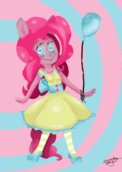 Size: 558x786 | Tagged: safe, artist:flutterdash777, pinkie pie, earth pony, anthro, g4, ambiguous facial structure, balloon, clothes, dress, female, solo