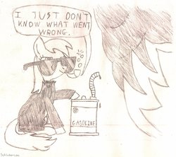 Size: 1600x1422 | Tagged: safe, artist:schluberlubs, derpy hooves, pegasus, pony, g4, cosplay, crack, crack pipe, dialogue, fire, gasoline, health pipe, i just don't know what went wrong, monochrome, postal, postal dude, traditional art