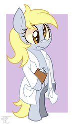 Size: 833x1393 | Tagged: dead source, safe, artist:php92, derpy hooves, pony, g4, bipedal, clipboard, clothes, doctor, female, lab coat, solo