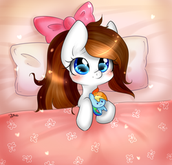 Size: 2091x2000 | Tagged: safe, artist:mrsremi, rainbow dash, oc, oc:akira, g4, bed, blanket, blushing, bow, cute, heart, high res, hoof hold, on back, pillow, plushie, shiny, smiling