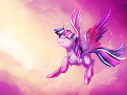 Size: 700x525 | Tagged: safe, artist:shinepawpony, twilight sparkle, alicorn, pony, g4, cloud, cloudy, eyes closed, female, flying, mare, rainbow power, solo, twilight sparkle (alicorn)