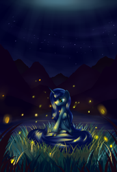 Size: 1950x2850 | Tagged: safe, artist:grennadder, princess luna, firefly (insect), g4, female, grass, night, solo