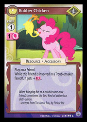 Size: 344x480 | Tagged: safe, enterplay, pinkie pie, earth pony, pony, g4, my little pony collectible card game, premiere, ccg, female, mare, merchandise, rubber chicken, the art of fun