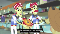 Size: 1366x768 | Tagged: safe, screencap, applejack, flam, flim, a case for the bass, equestria girls, g4, bass guitar, bowtie, flim flam brothers, meme, moustache, musical instrument, youtube caption