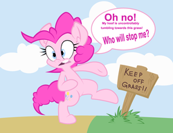 Size: 792x612 | Tagged: safe, artist:dfectivedvice, artist:pinksaphires, pinkie pie, earth pony, pony, g4, bipedal, colored, dialogue, female, first world anarchist, grass, keep off the grass, mad lad, pure unfiltered evil, sign, solo, speech bubble, trolling, we got a badass over here