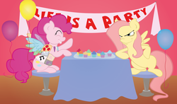 Size: 2448x1440 | Tagged: safe, artist:pinksaphires, fluttershy, pinkie pie, earth pony, pegasus, pony, .mov, fanfic:cupcakes, shed.mov, g4, balloon, cupcake, cutie mark dress, horn, horn necklace, life is a party, necklace, severed horn