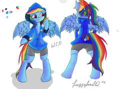 Size: 4092x2893 | Tagged: safe, artist:fuzzyhead12, rainbow dash, pony, semi-anthro, g4, bipedal, clothes, hoodie, wip