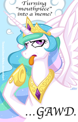 Size: 465x720 | Tagged: safe, artist:texasuberalles, princess celestia, alicorn, pony, g4, disgusted, eyeroll, female, floppy ears, frown, meme, meta, mouthpiece, open mouth, pointing, solo, spread wings, tongue out, underhoof