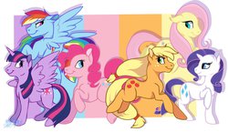 Size: 1280x742 | Tagged: safe, artist:evian, applejack, fluttershy, pinkie pie, rainbow dash, rarity, twilight sparkle, alicorn, pony, g4, female, mane six, mare, out of frame, twilight sparkle (alicorn), underhoof