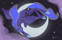 Size: 5100x3300 | Tagged: safe, artist:floots, princess luna, g4, crescent moon, eyes closed, female, flying, solo, transparent moon