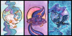 Size: 1500x760 | Tagged: safe, artist:kawaii-desudesu, princess celestia, princess luna, twilight sparkle, alicorn, pony, g4, female, mare, traditional art, twilight sparkle (alicorn)
