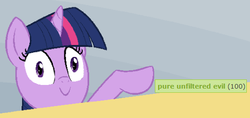 Size: 544x257 | Tagged: safe, twilight sparkle, derpibooru, g4, 100, derpimilestone, exploitable meme, female, looking at you, meme, meta, pointing, pure unfiltered evil, solo, spilled milk, tags