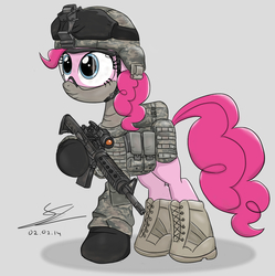 Size: 1200x1205 | Tagged: safe, artist:equestrianmarine, pinkie pie, g4, acu, ar-15, camouflage, female, goggles, gun, helmet, military, military uniform, rifle, soldier, solo