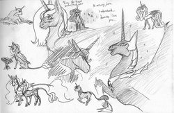 Size: 800x521 | Tagged: safe, artist:ackryllis, nightmare moon, princess cadance, princess celestia, princess luna, twilight sparkle, g4, alicorn tetrarchy, monochrome, traditional art