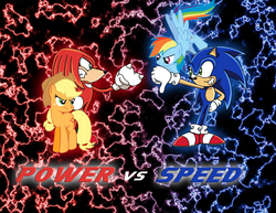 Size: 3311x2550 | Tagged: safe, artist:lightdegel, applejack, rainbow dash, g4, crossover, high res, knuckles the echidna, male, power, rivalry, sonic the hedgehog, sonic the hedgehog (series), sonic x, speed