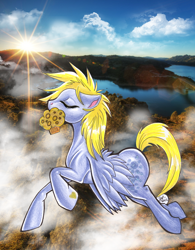 Size: 1550x1987 | Tagged: safe, artist:alaer, derpy hooves, pegasus, pony, g4, epic derpy, female, flying, mare, muffin, scenery, solo