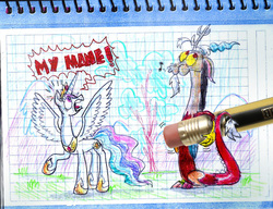 Size: 1156x888 | Tagged: safe, artist:seriousdog, discord, princess celestia, g4, bald, discord being discord, fourth wall, pencil, pencil drawing, photo, this will end in petrification, traditional art, whistling