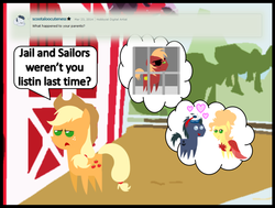 Size: 1024x775 | Tagged: safe, artist:bronybyexception, applejack, oc, oc:iron pyrite, oc:orange tart, ask honest applejack, g4, ma apple, pa apple, pointy ponies