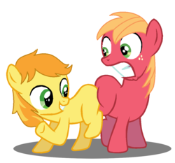 Size: 956x892 | Tagged: safe, artist:jcking101, edit, big macintosh, braeburn, earth pony, pony, g4, base used, butt bump, butt to butt, butt touch, colt, grin, gritted teeth, no tail, smiling, teeth