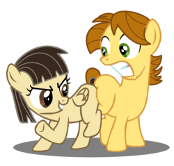 Size: 960x916 | Tagged: dead source, safe, artist:jcking101, edit, mandopony, wild fire, earth pony, pegasus, pony, g4, base used, butt bump, butt to butt, butt touch, colt, female, filly, grin, gritted teeth, male, ship:mandofire, shipping, sibsy, simple background, smiling, straight, teeth, white background