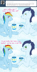 Size: 400x776 | Tagged: safe, artist:tinuleaf, rainbow dash, soarin', ask rainbow dash family, g4, coffee, female, male, ship:soarindash, shipping, straight, tumblr